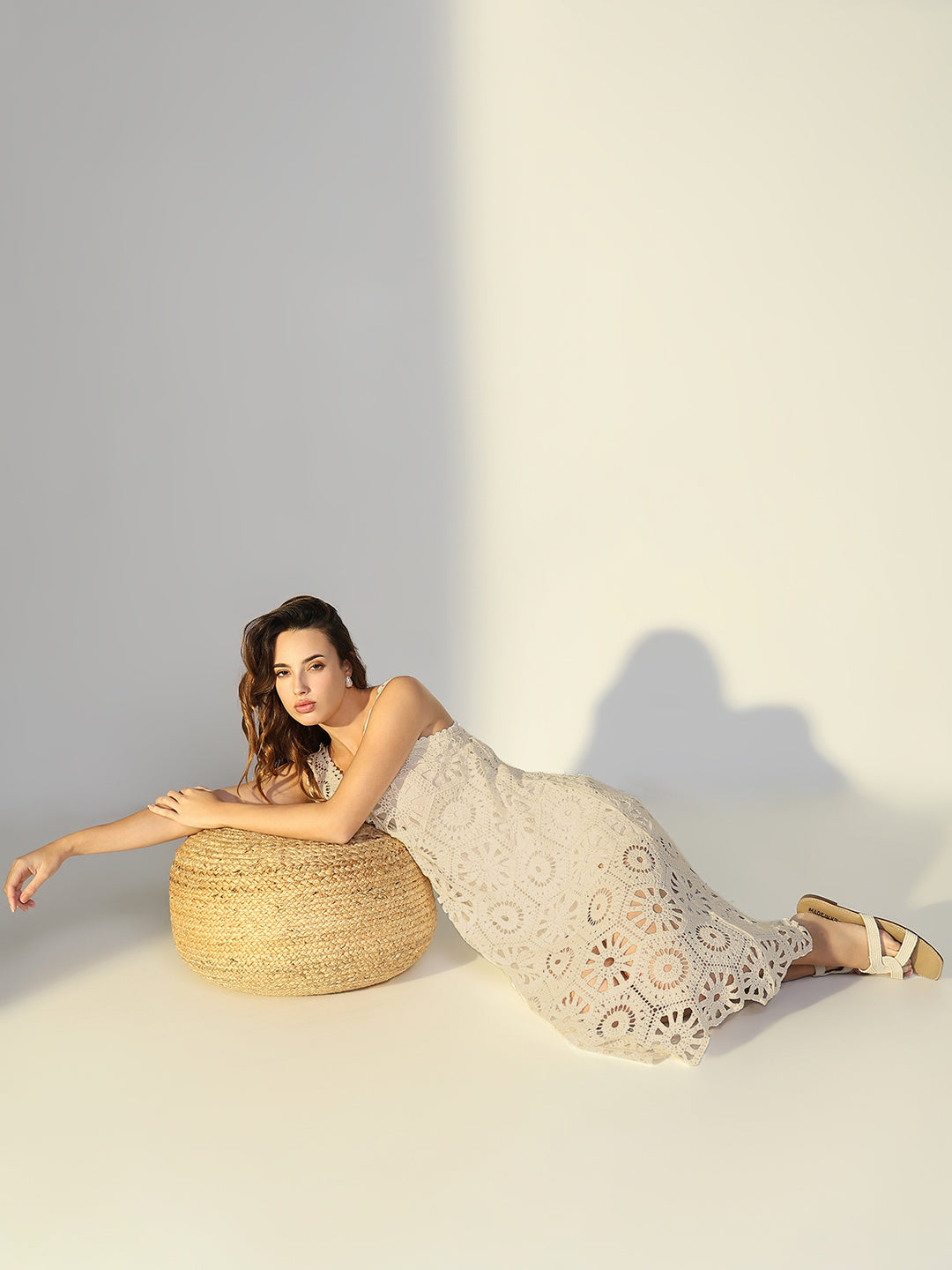 Cream Solid A-Line Crochet Dress