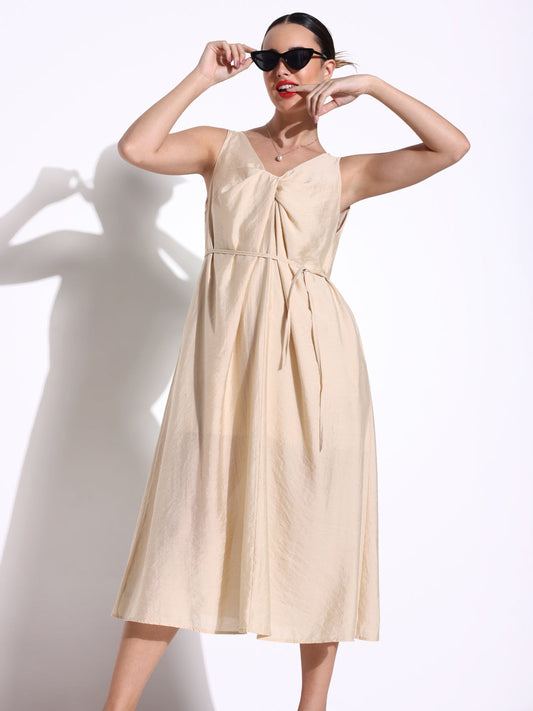Beige Knot Neck Dress with Waist Tie