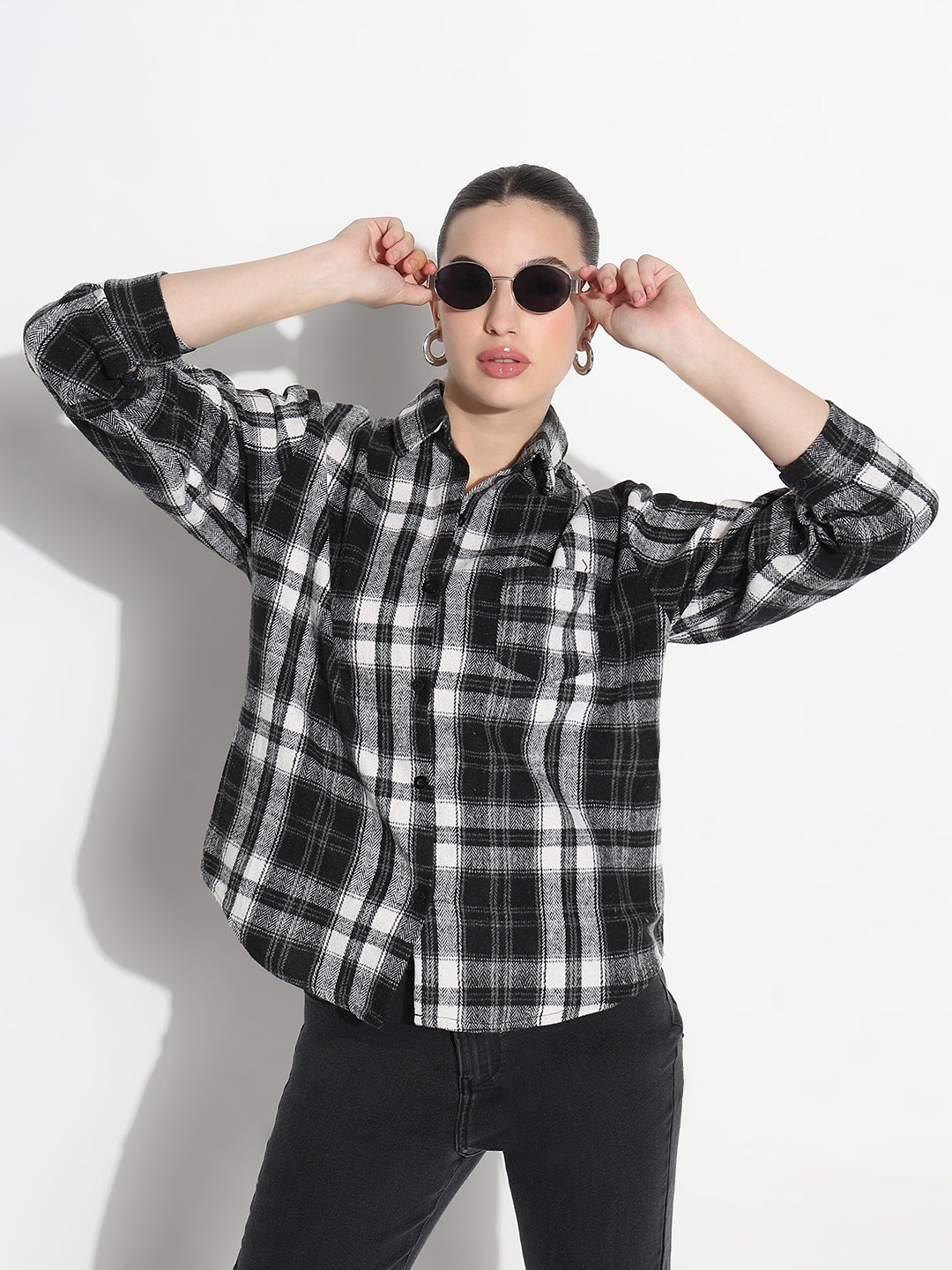 Women's Tartan Checks Black Relaxed Fit Shirt
