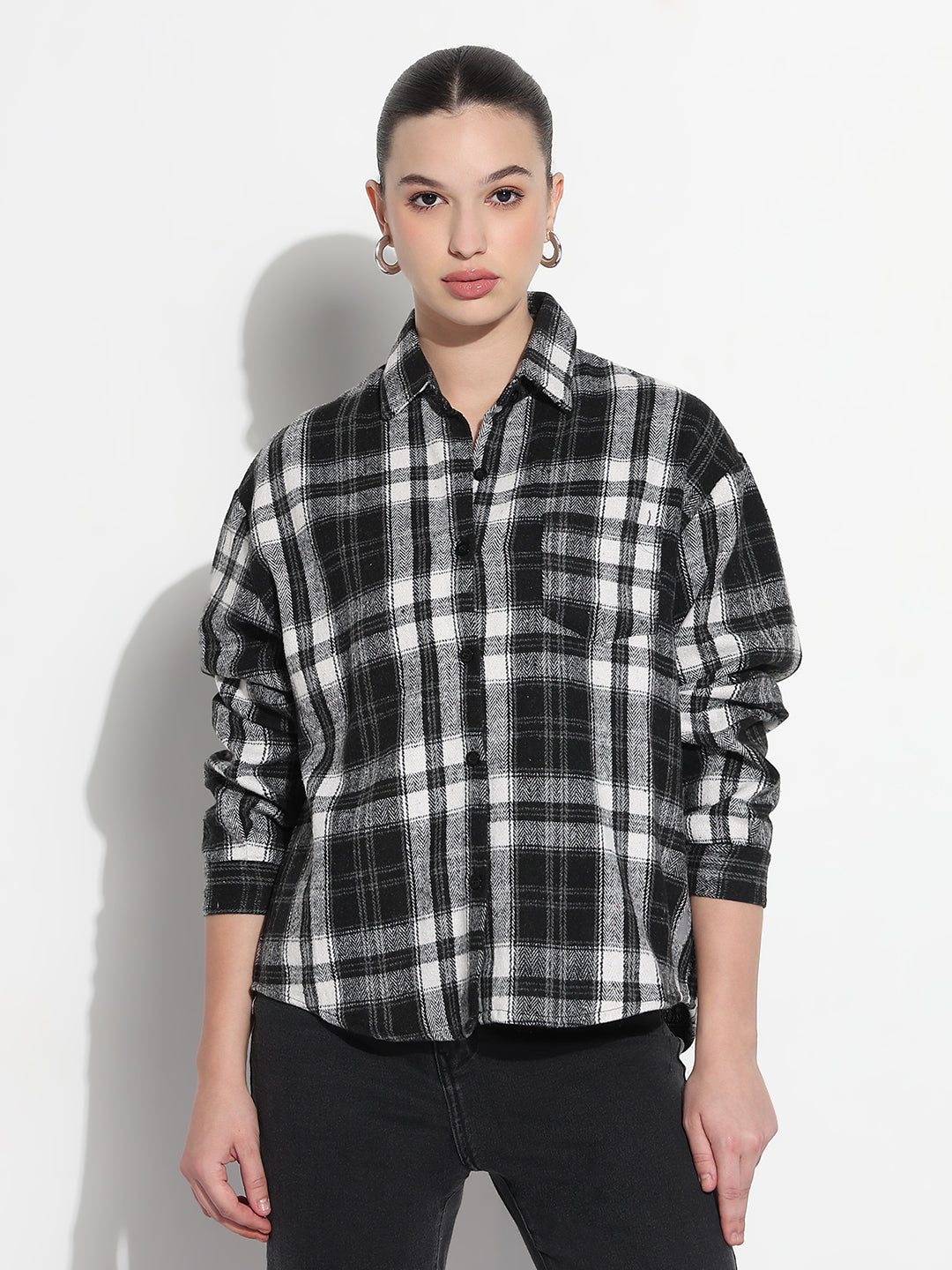 Women's Tartan Checks Black Relaxed Fit Shirt