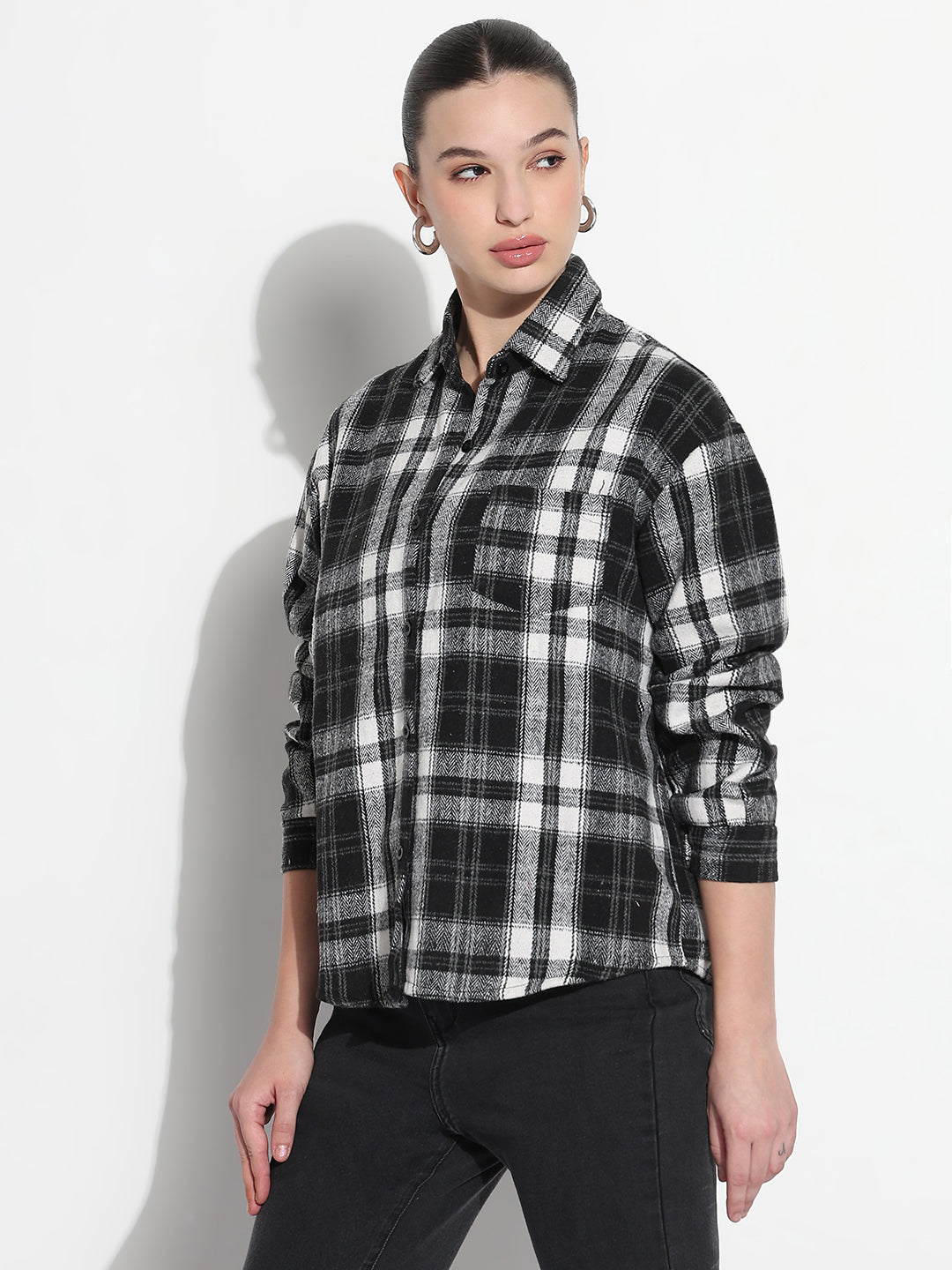 Women's Tartan Checks Black Relaxed Fit Shirt