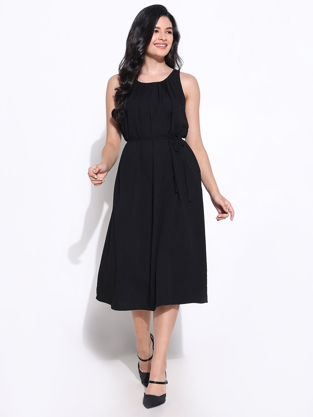 Pleated Black Round Neck Slip on Midi Dress waist Tie