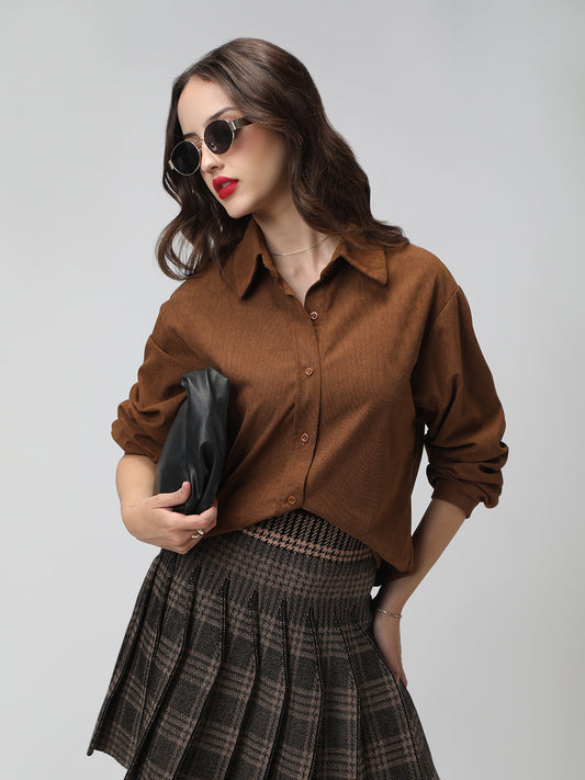 Women's Brown Spread Collar Relaxed Fit Shirts