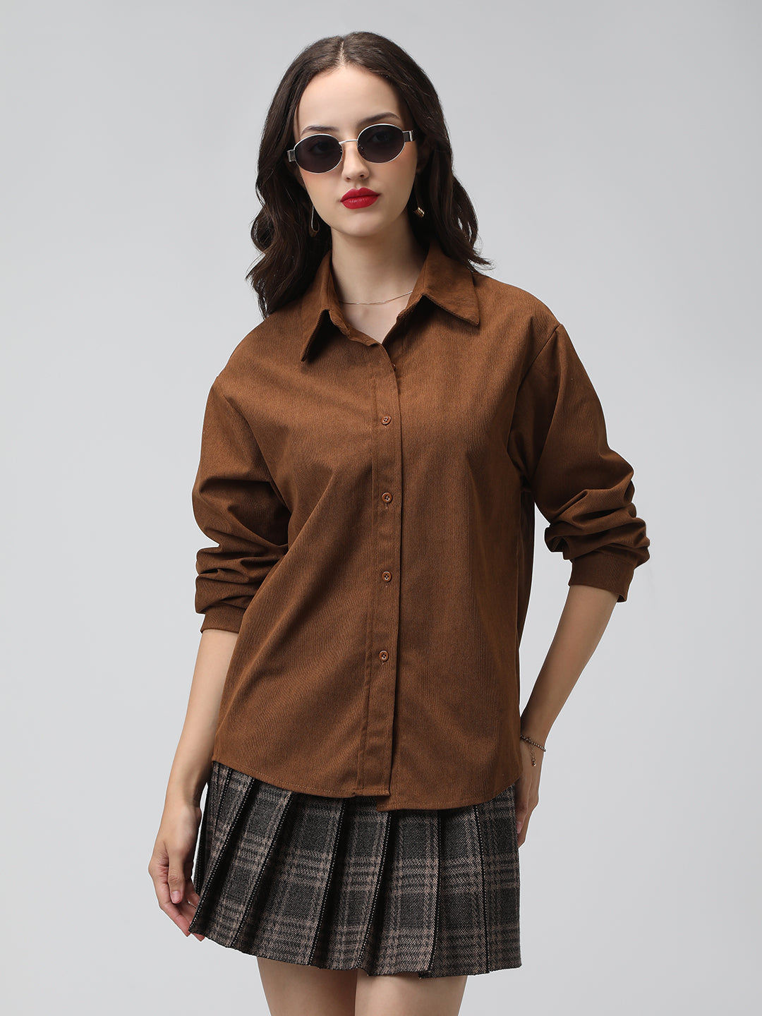 Women's Brown Spread Collar Relaxed Fit Shirts