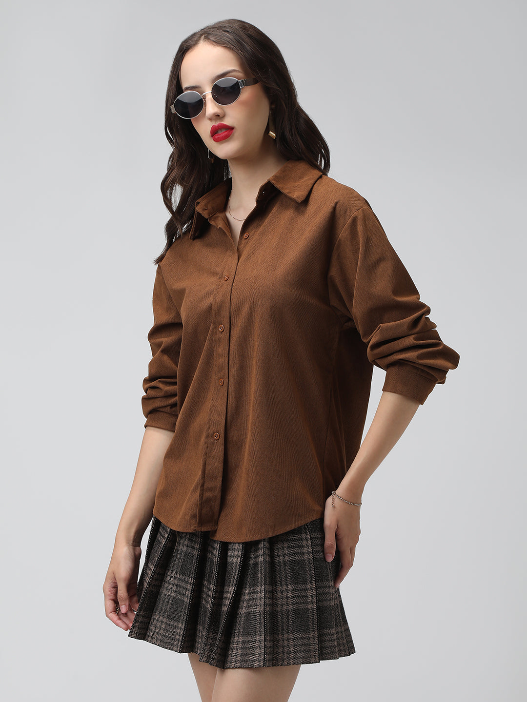 Women's Brown Spread Collar Relaxed Fit Shirts