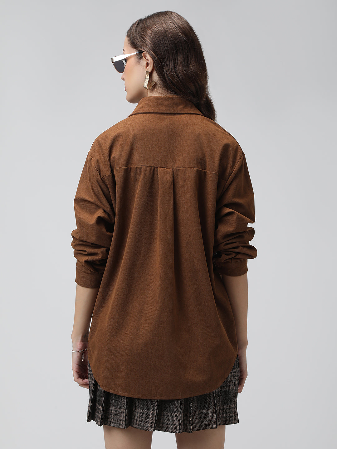 Women's Brown Spread Collar Relaxed Fit Shirts