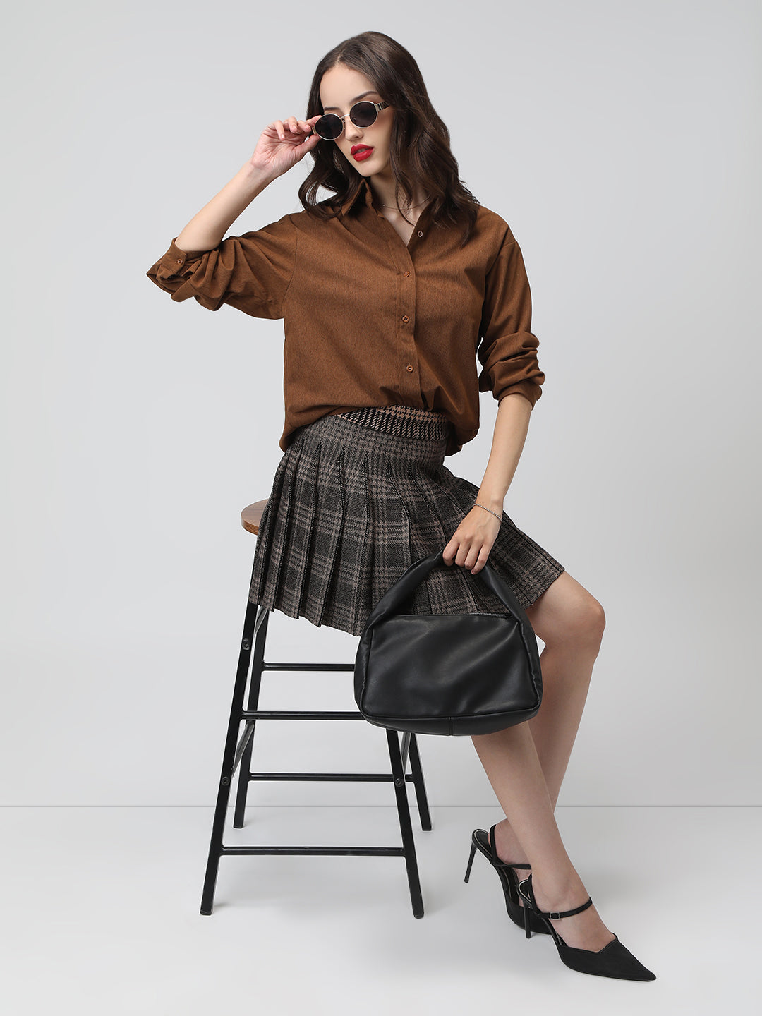 Women's Brown Spread Collar Relaxed Fit Shirts