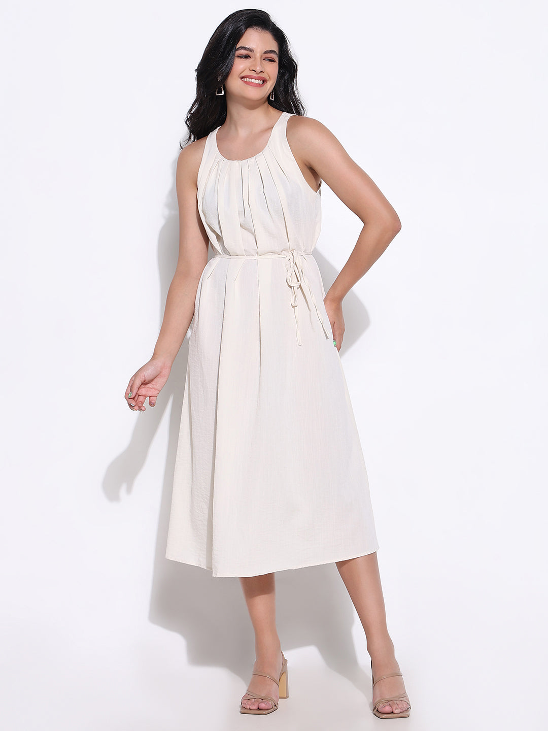 Pleated Cream Round Neck Slip on Midi Dress waist Tie