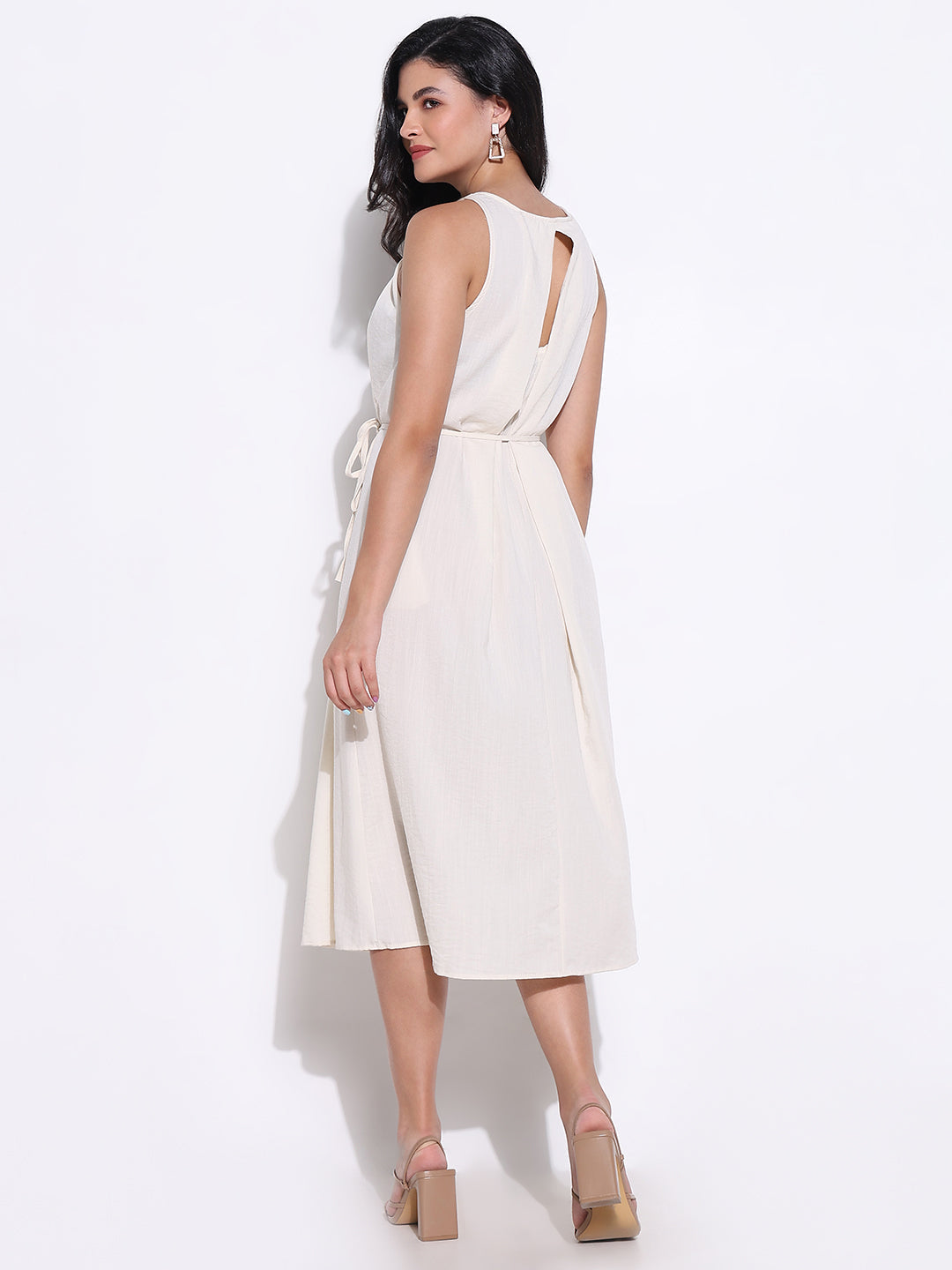 Pleated Cream Round Neck Slip on Midi Dress waist Tie