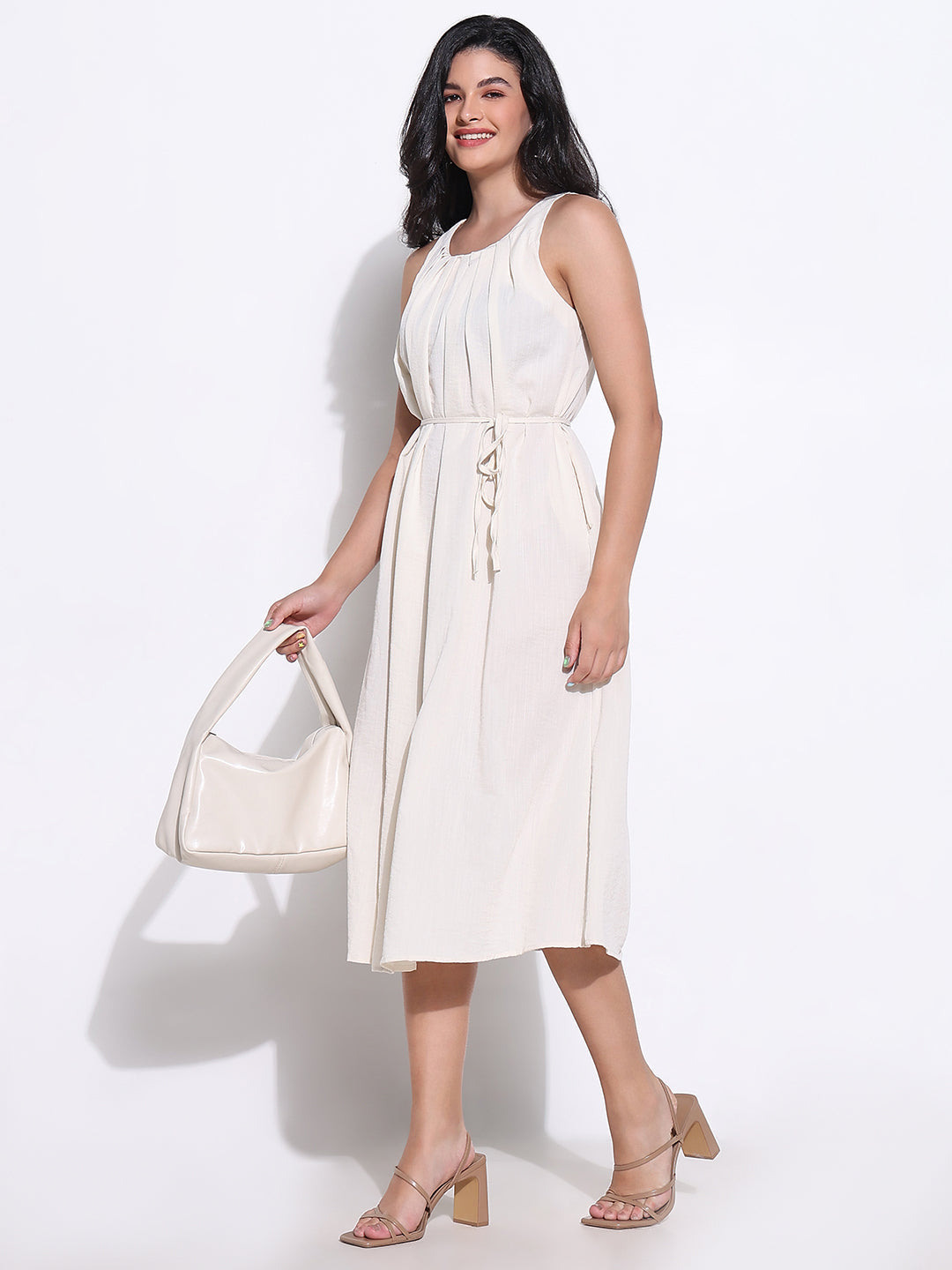 Pleated Cream Round Neck Slip on Midi Dress waist Tie