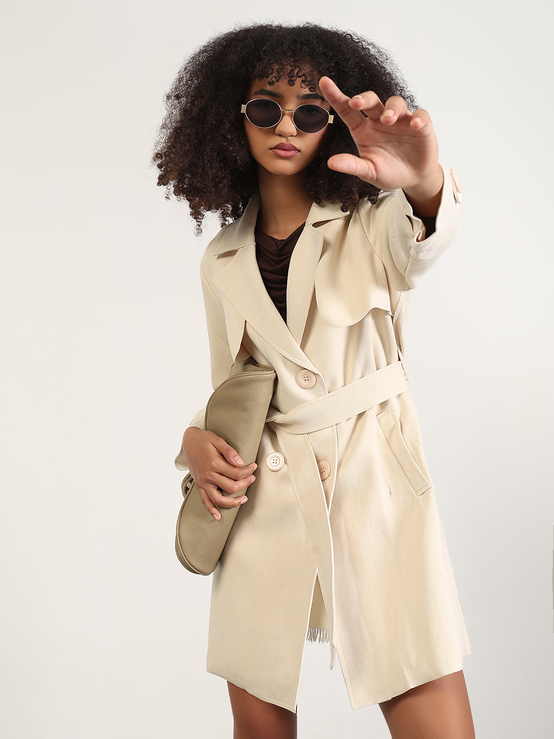 Solid Cream Lapel Collar Longline Trench Coat with Fabric Belt