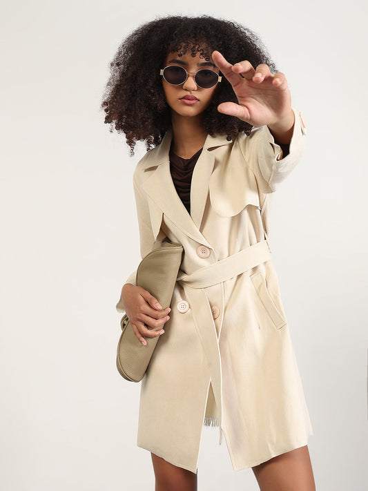 Solid Cream Lapel Collar Longline Trench Coat with Fabric Belt