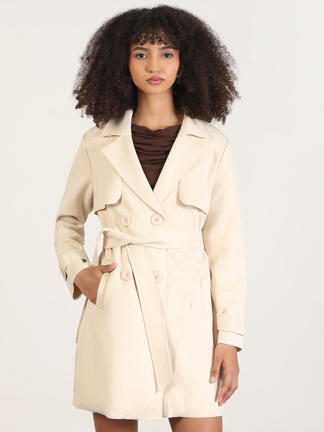 Solid Cream Lapel Collar Longline Trench Coat with Fabric Belt