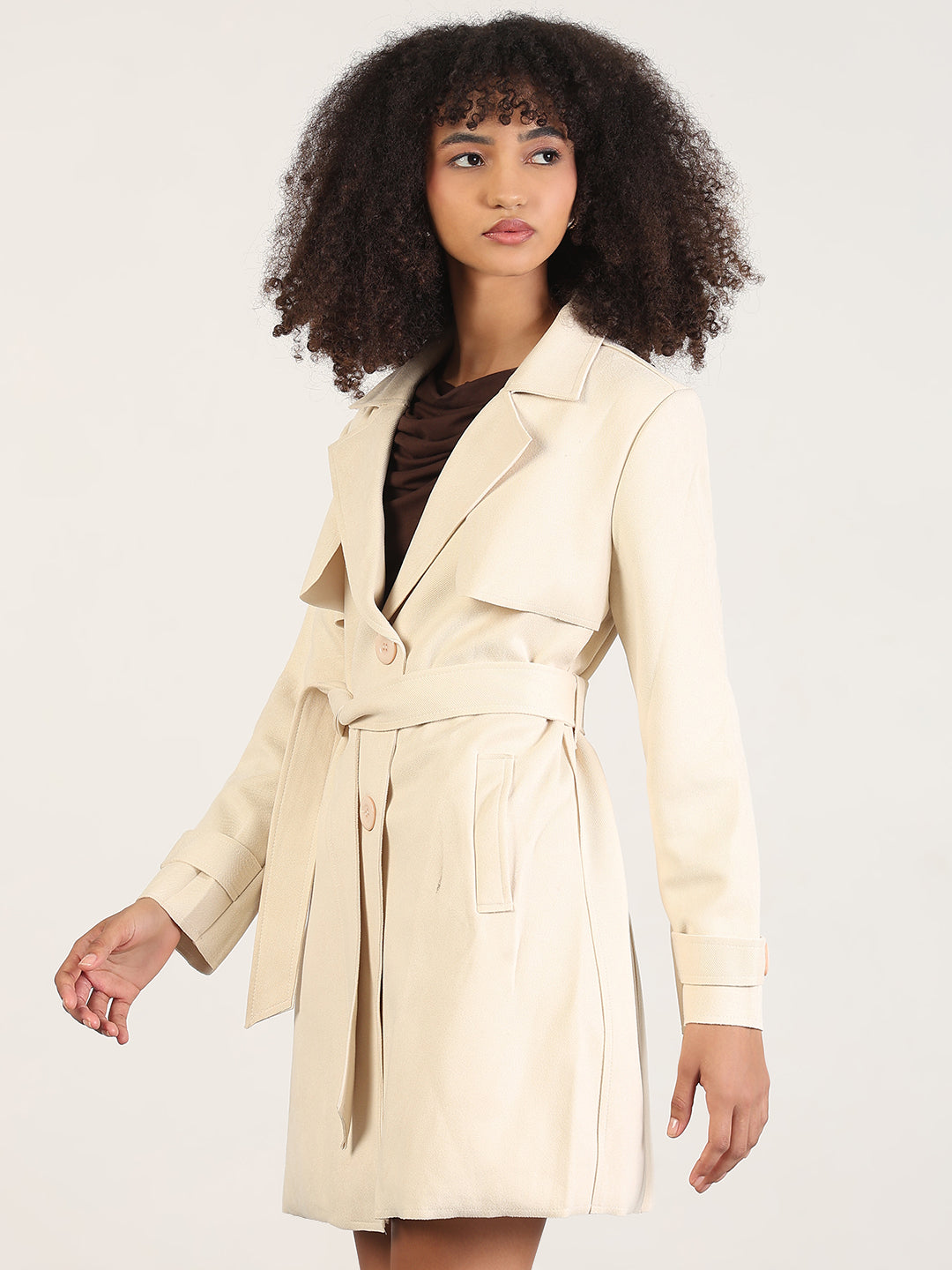 Solid Cream Lapel Collar Longline Trench Coat with Fabric Belt