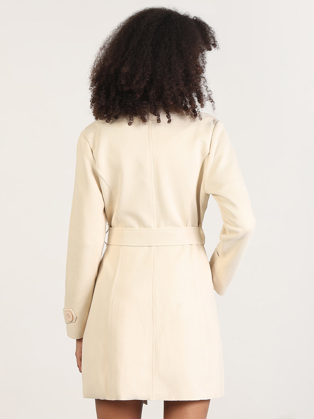 Solid Cream Lapel Collar Longline Trench Coat with Fabric Belt