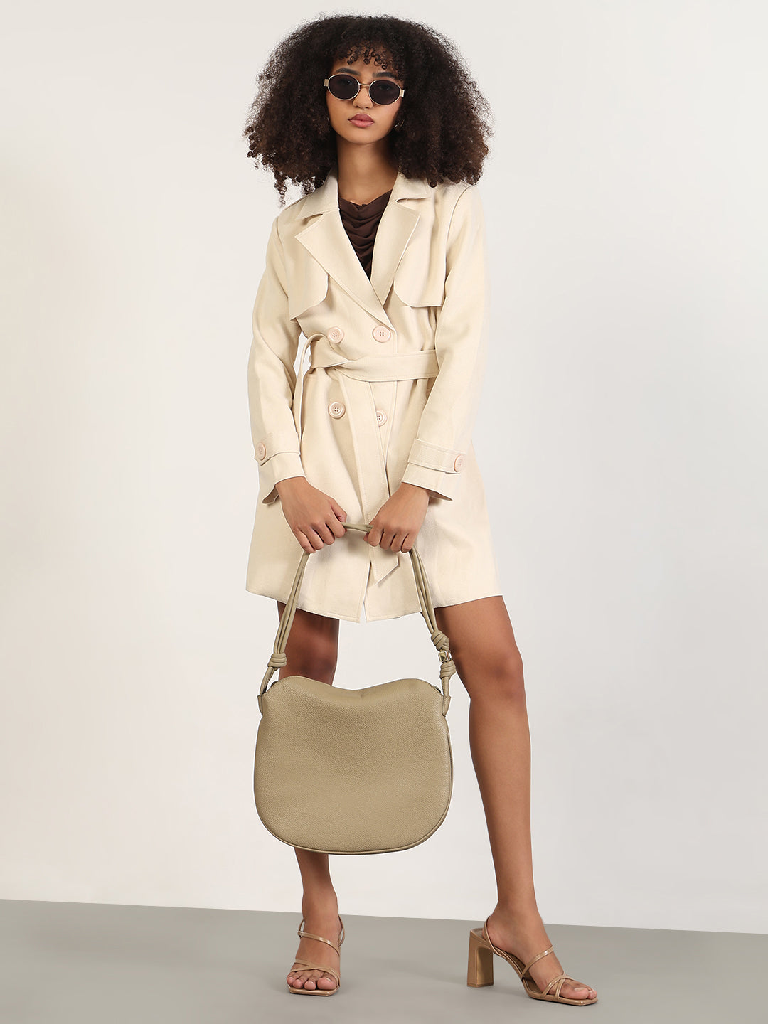 Solid Cream Lapel Collar Longline Trench Coat with Fabric Belt