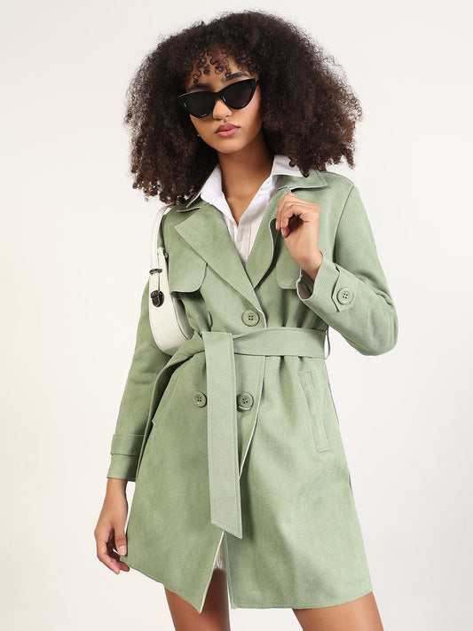Solid Green Lapel Collar Longline Trench Coat with Fabric Belt