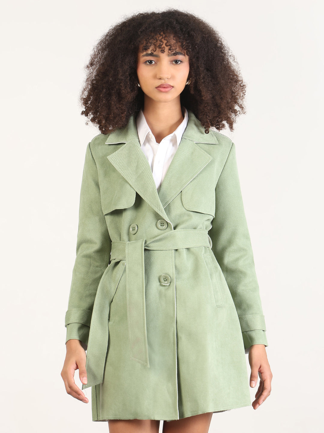 Solid Green Lapel Collar Longline Trench Coat with Fabric Belt