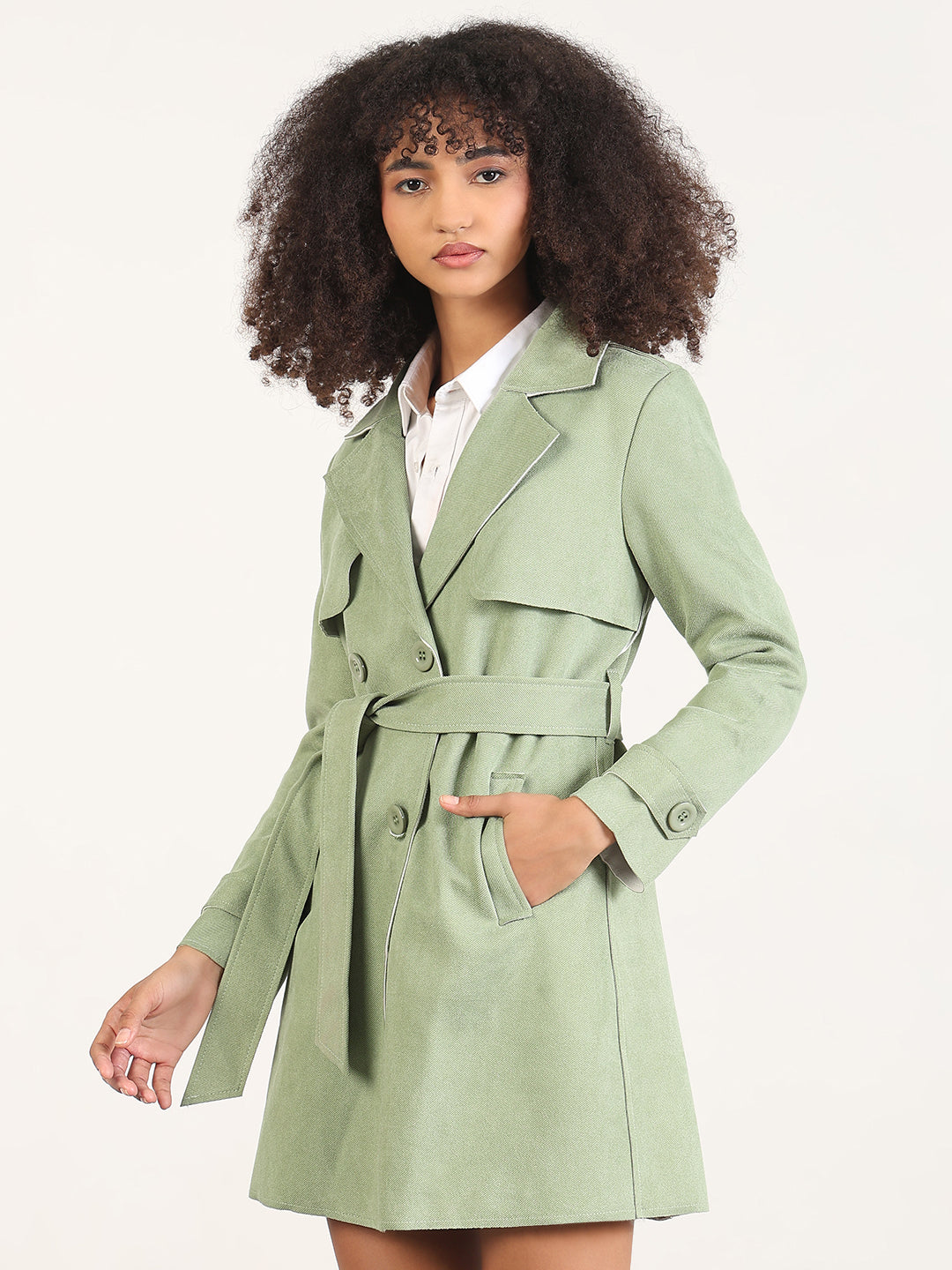 Solid Green Lapel Collar Longline Trench Coat with Fabric Belt