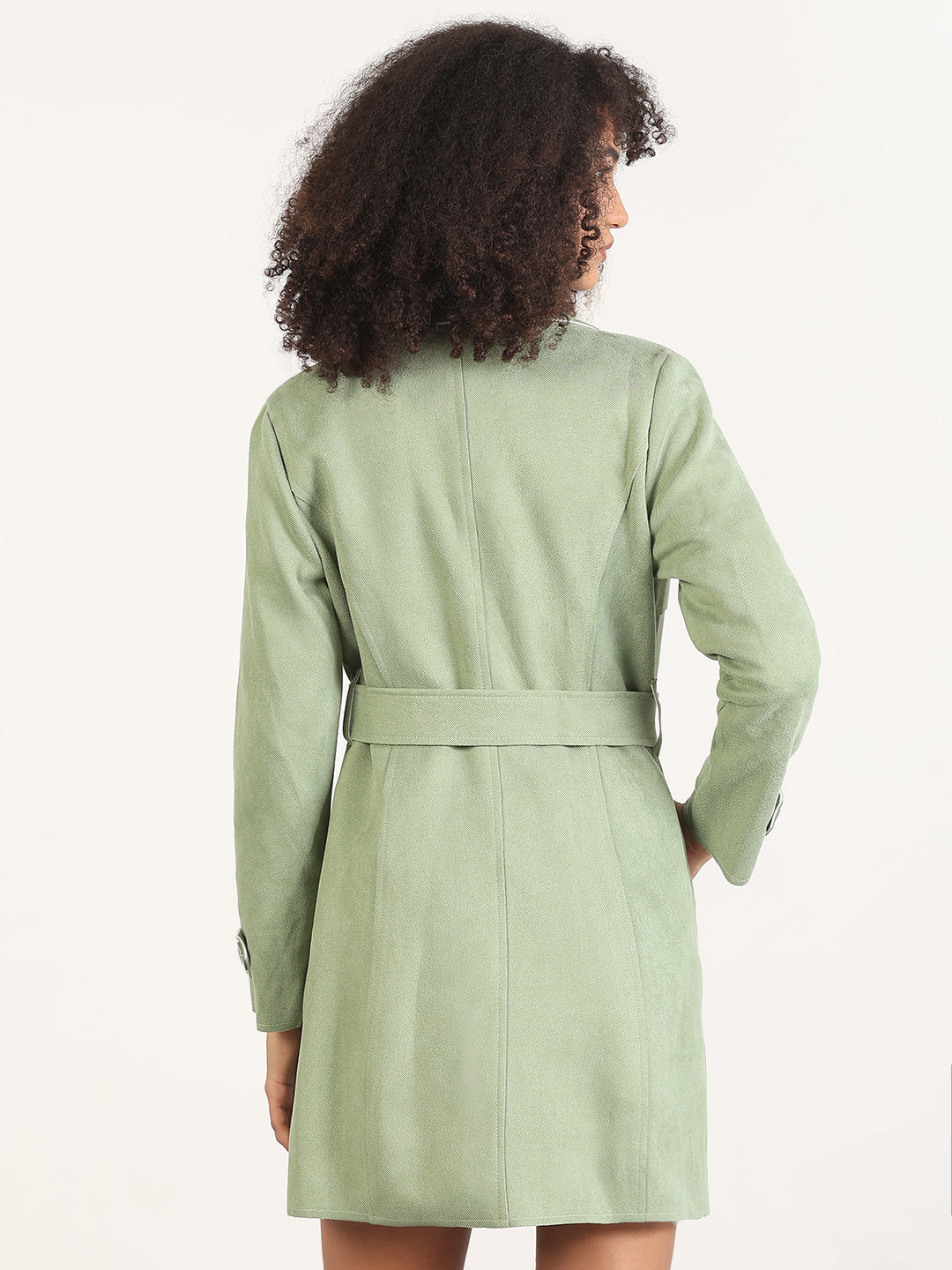 Solid Green Lapel Collar Longline Trench Coat with Fabric Belt