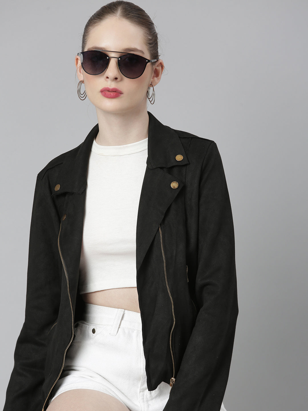 Black Suede Spread Collar Zip Detail Tailored Jacket