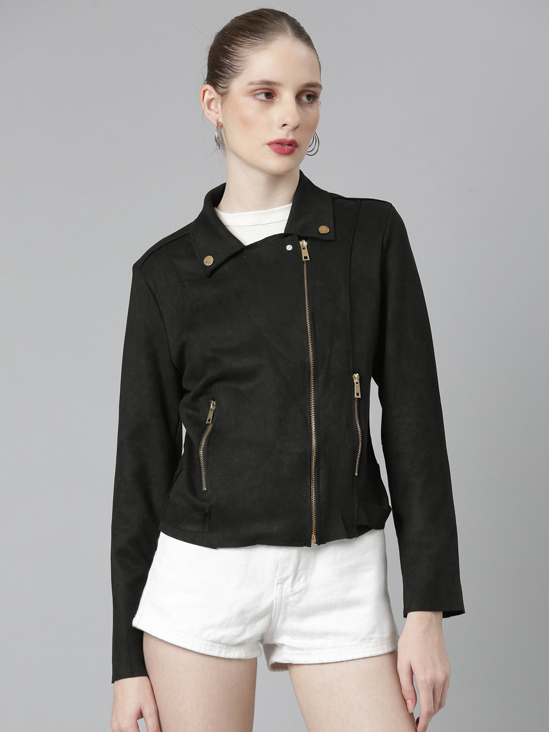 Black Suede Spread Collar Zip Detail Tailored Jacket
