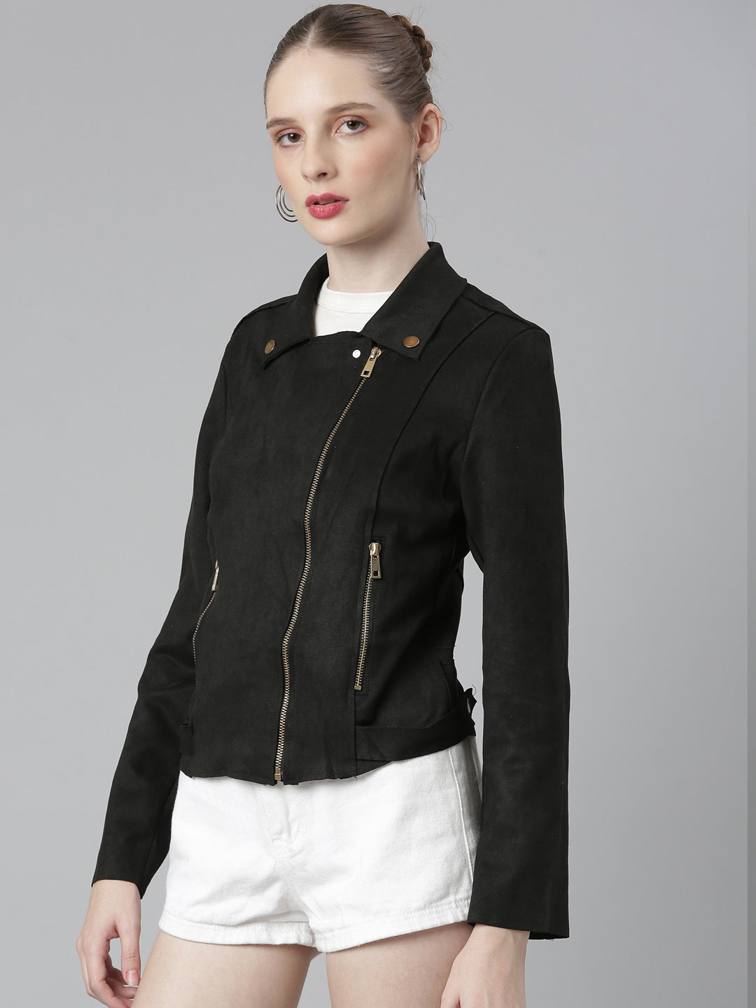 Black Suede Spread Collar Zip Detail Tailored Jacket