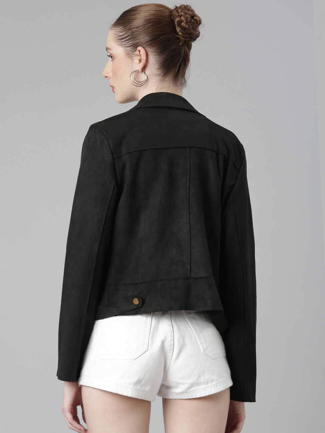 Black Suede Spread Collar Zip Detail Tailored Jacket