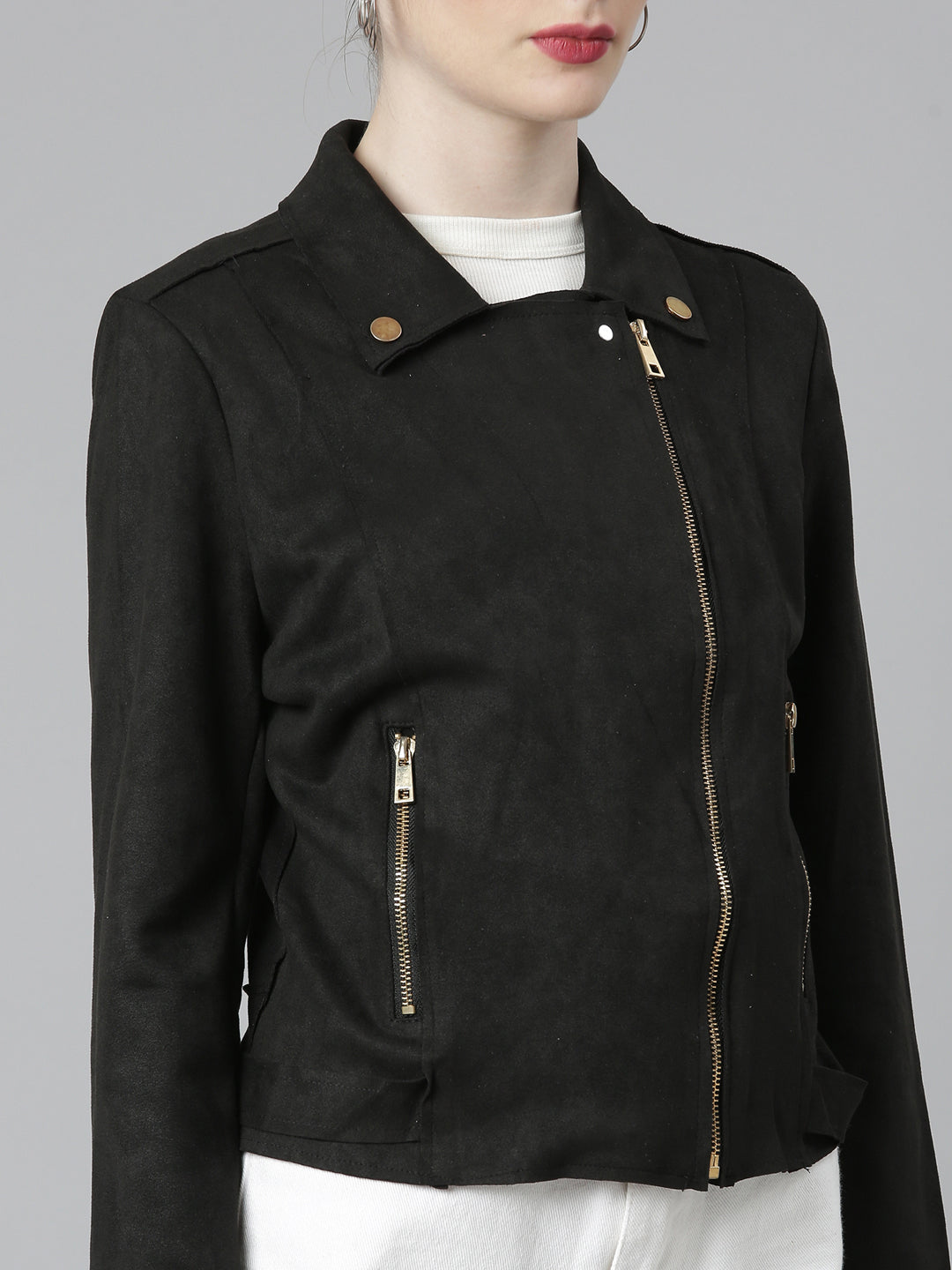 Black Suede Spread Collar Zip Detail Tailored Jacket