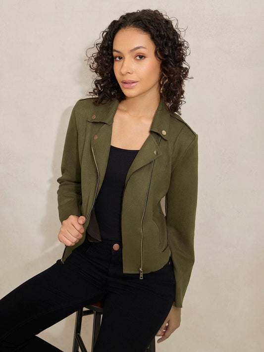 Olive Asymmetric Zipper Biker Jacket