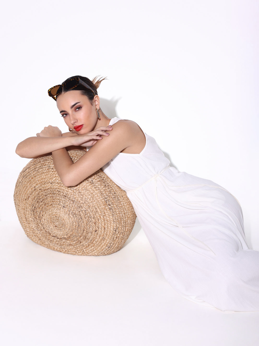 Solid Off White Linen Maxi Dress with Waist Tie