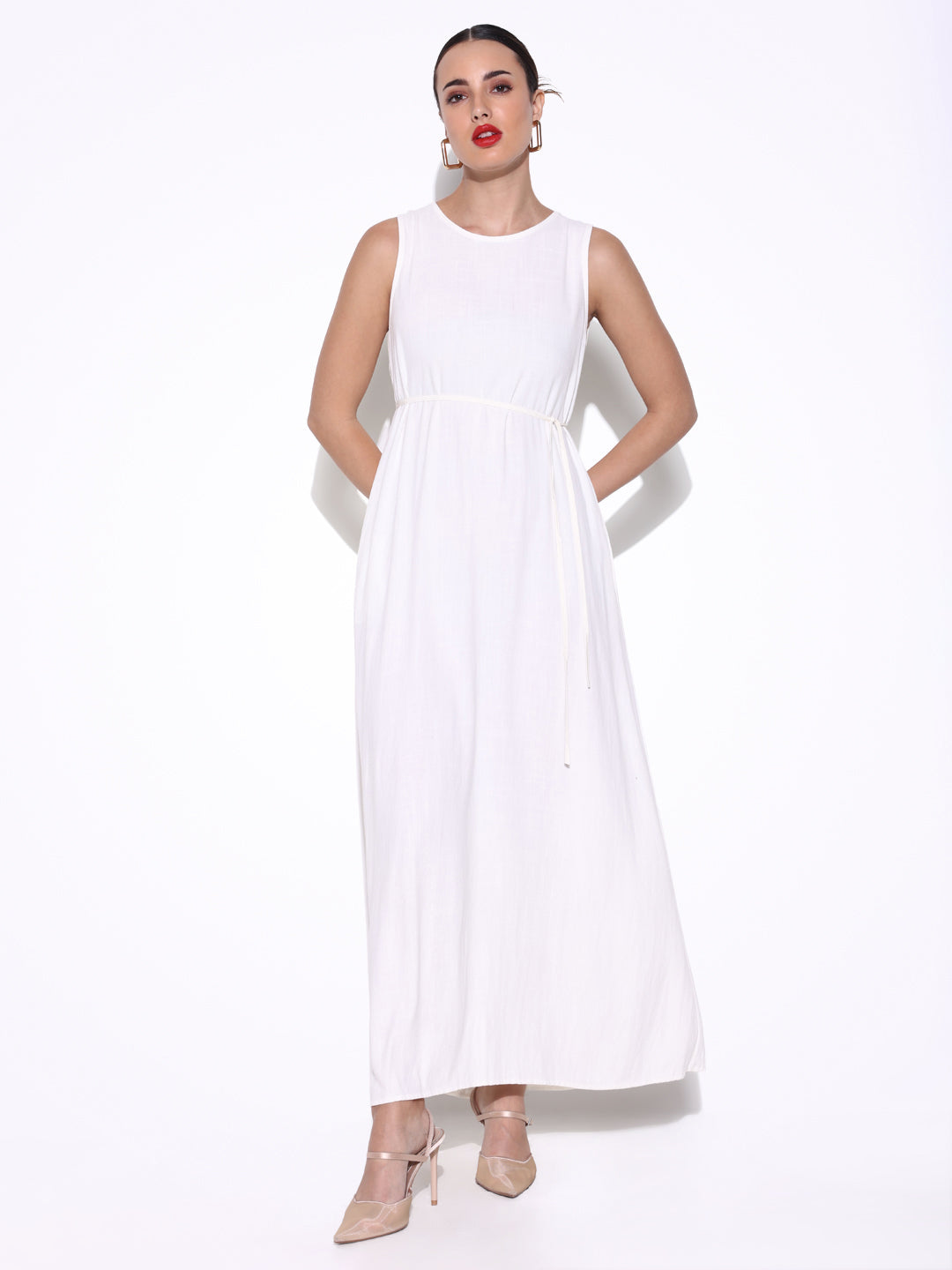 Solid Off White Linen Maxi Dress with Waist Tie