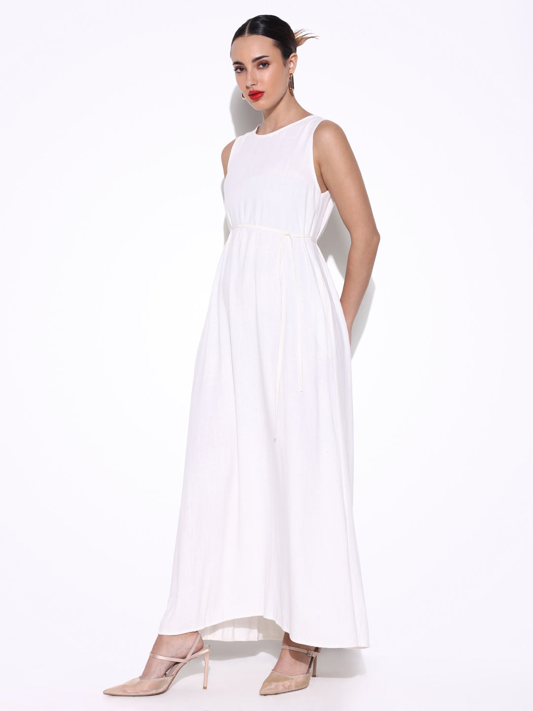 Solid Off White Linen Maxi Dress with Waist Tie