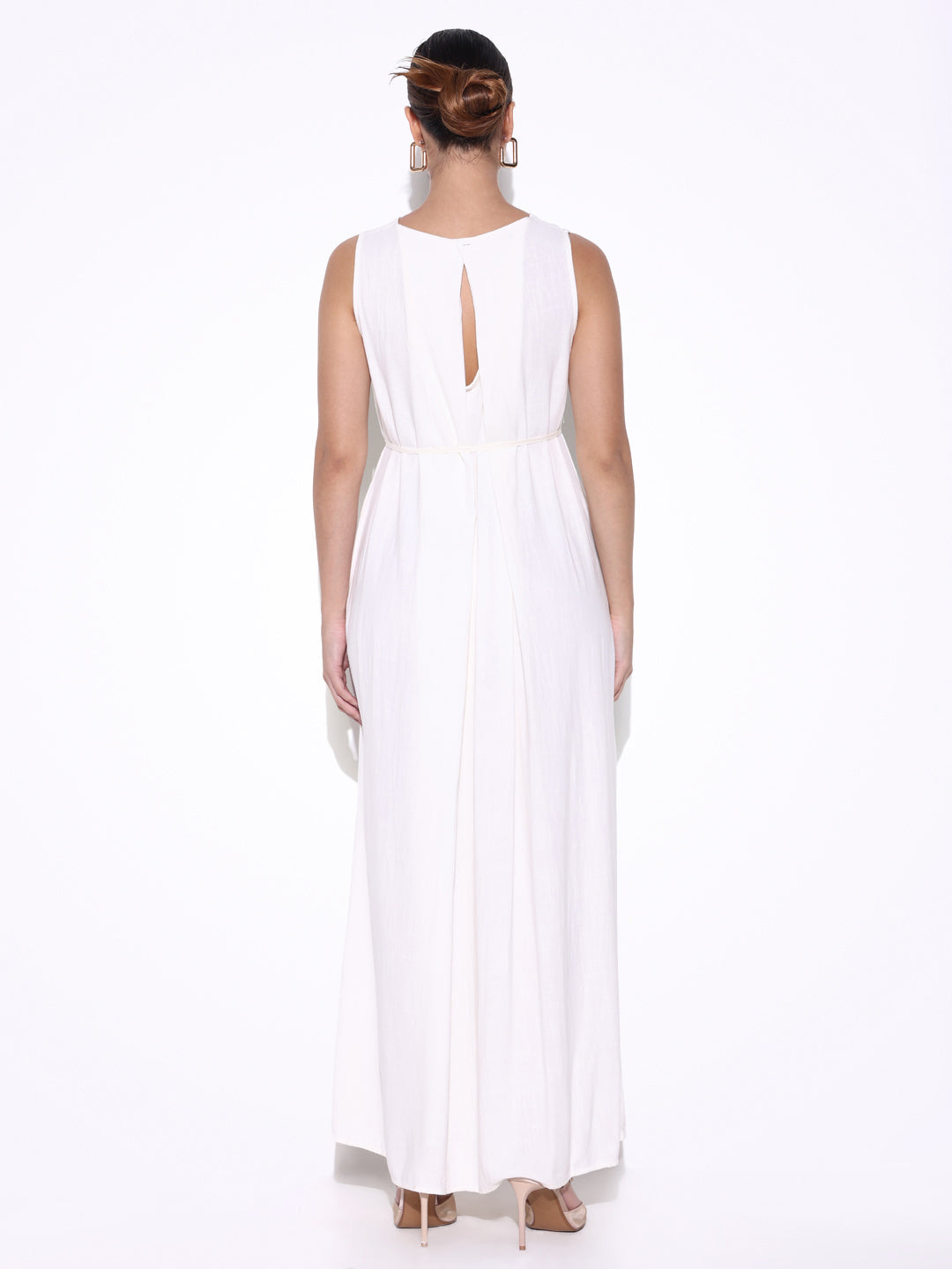 Solid Off White Linen Maxi Dress with Waist Tie