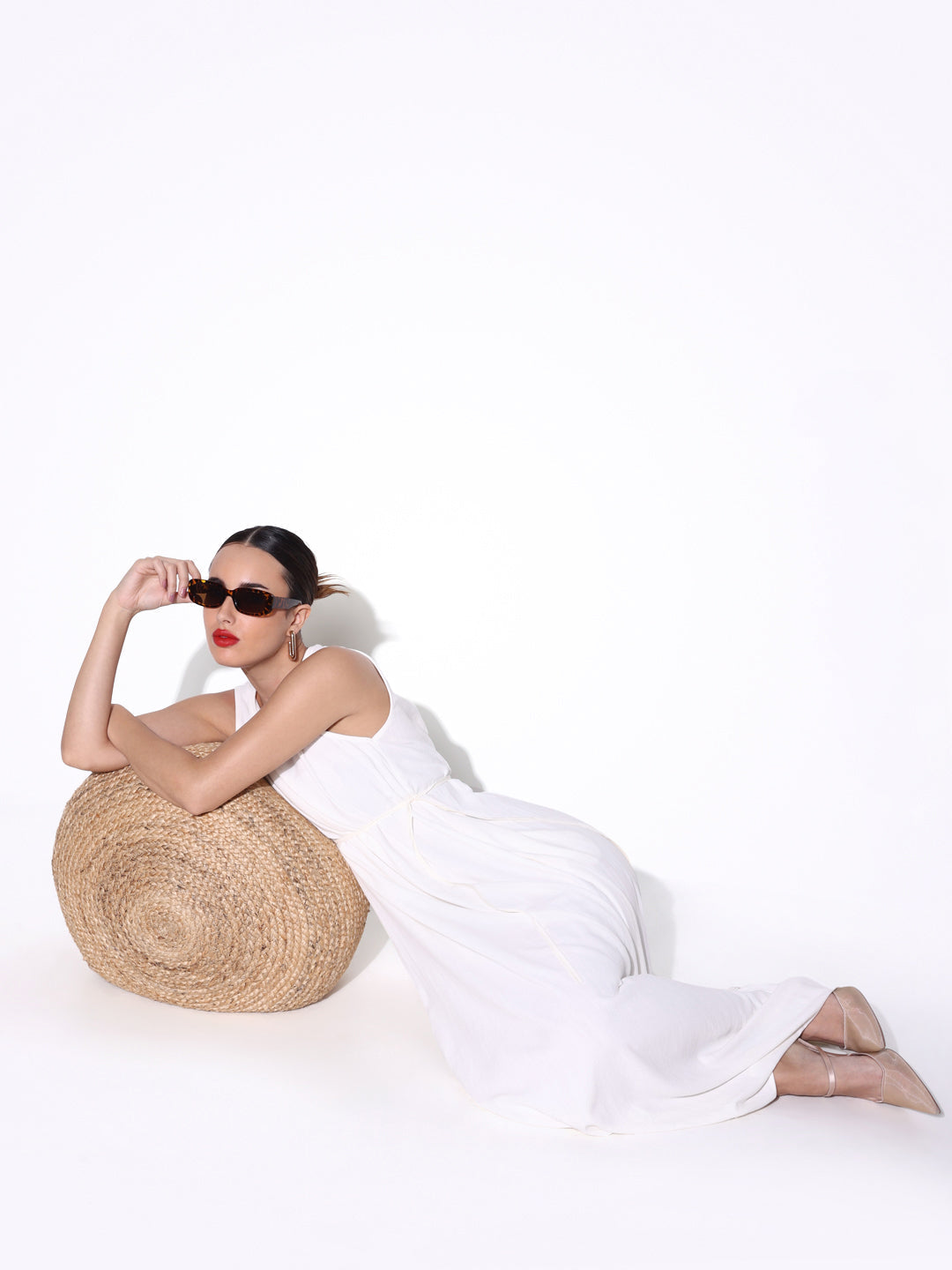 Solid Off White Linen Maxi Dress with Waist Tie