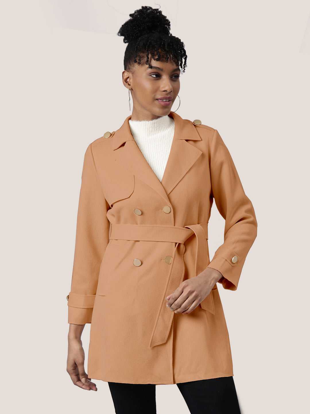 Solid Brown Longline Trench Coat with Belt
