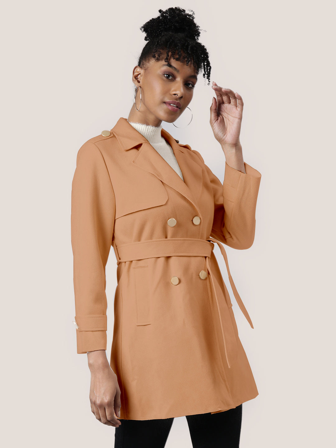 Solid Brown Longline Trench Coat with Belt