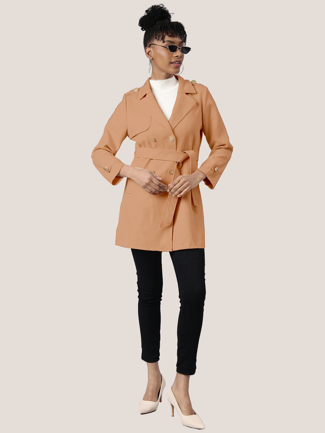 Solid Brown Longline Trench Coat with Belt