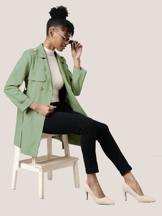 Solid Green Longline Trench Coat with Belt