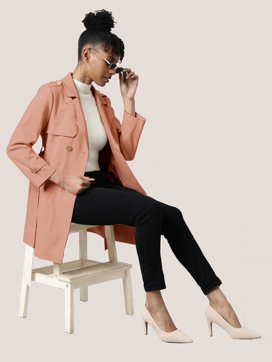 Solid Peach Longline Trench Coat with Belt