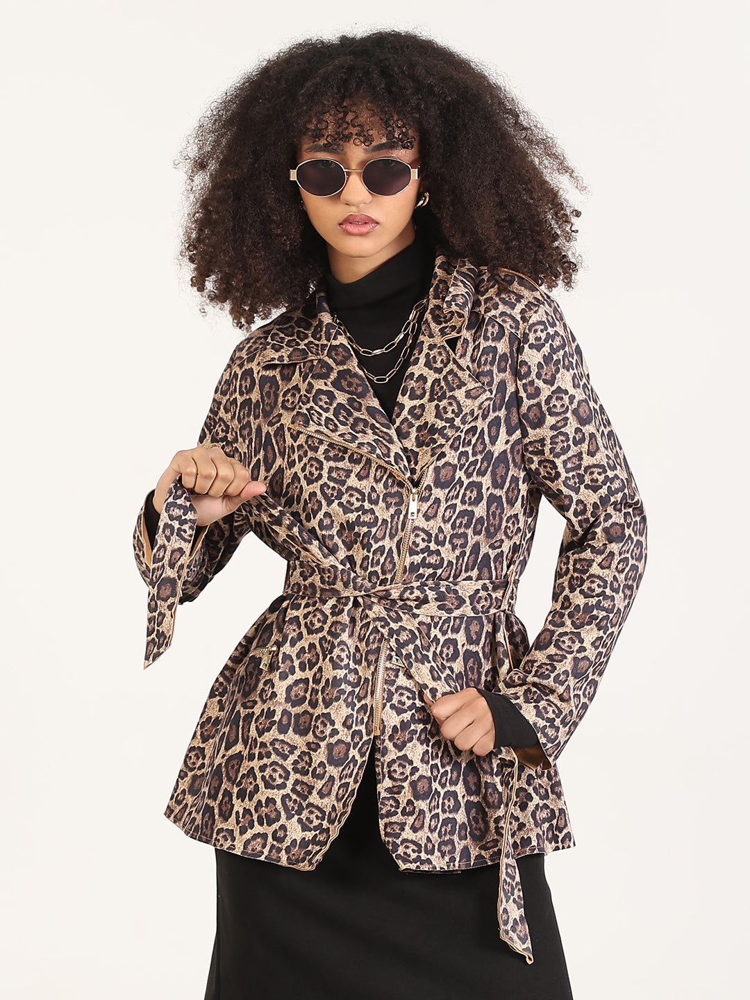 Animal Print Beige Lapel Collar Trench Coat with Fabric Belt And Zipped Cuff
