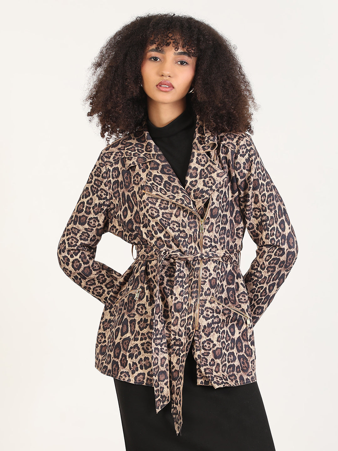 Animal Print Beige Lapel Collar Trench Coat with Fabric Belt And Zipped Cuff
