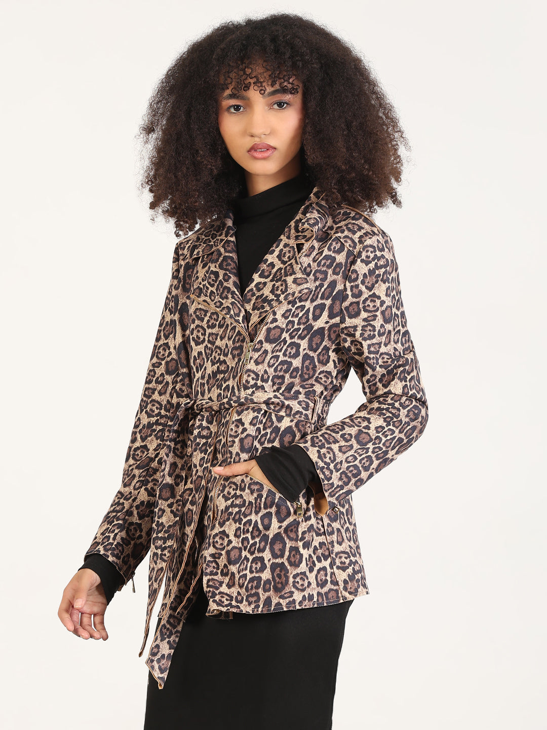 Animal Print Beige Lapel Collar Trench Coat with Fabric Belt And Zipped Cuff
