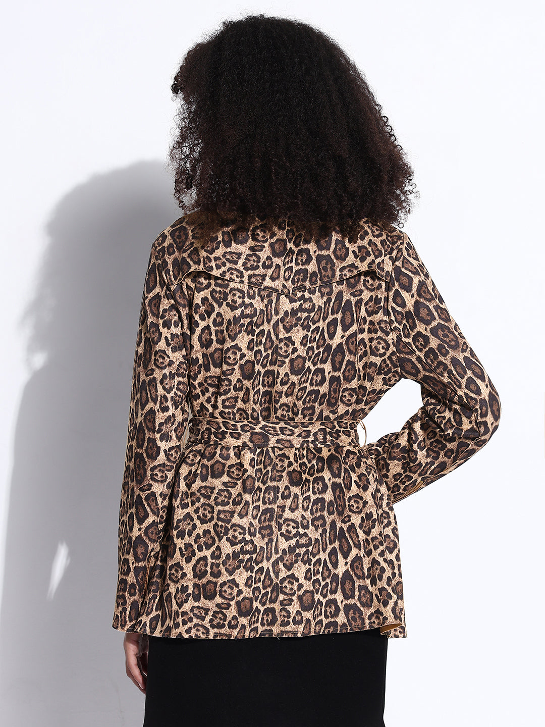 Animal Print Beige Lapel Collar Trench Coat with Fabric Belt And Zipped Cuff