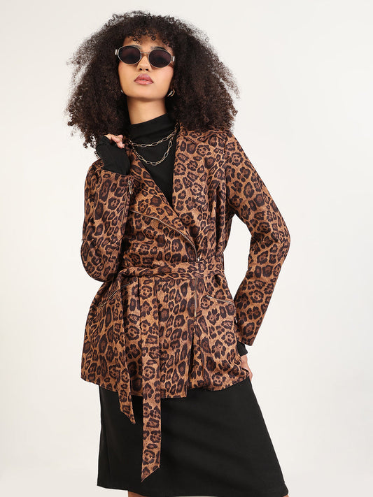 Animal Print Brown Lapel Collar Trench Coat with Fabric Belt And Zipped Cuff