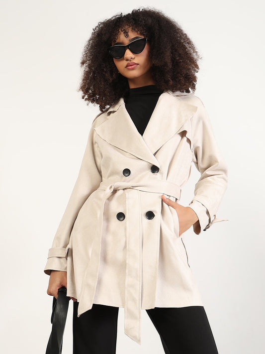 Solid Cream Lapel Collar Longline Trench Coat with Fabric Belt
