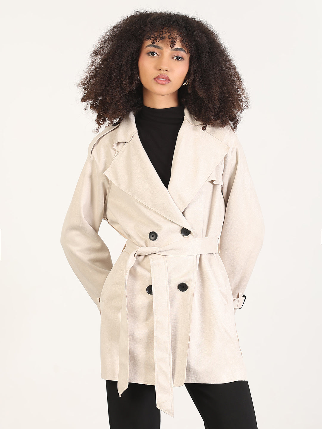 Solid Cream Lapel Collar Longline Trench Coat with Fabric Belt