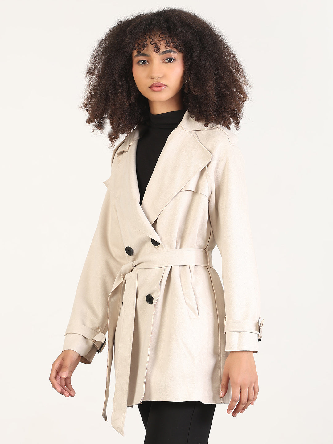 Solid Cream Lapel Collar Longline Trench Coat with Fabric Belt