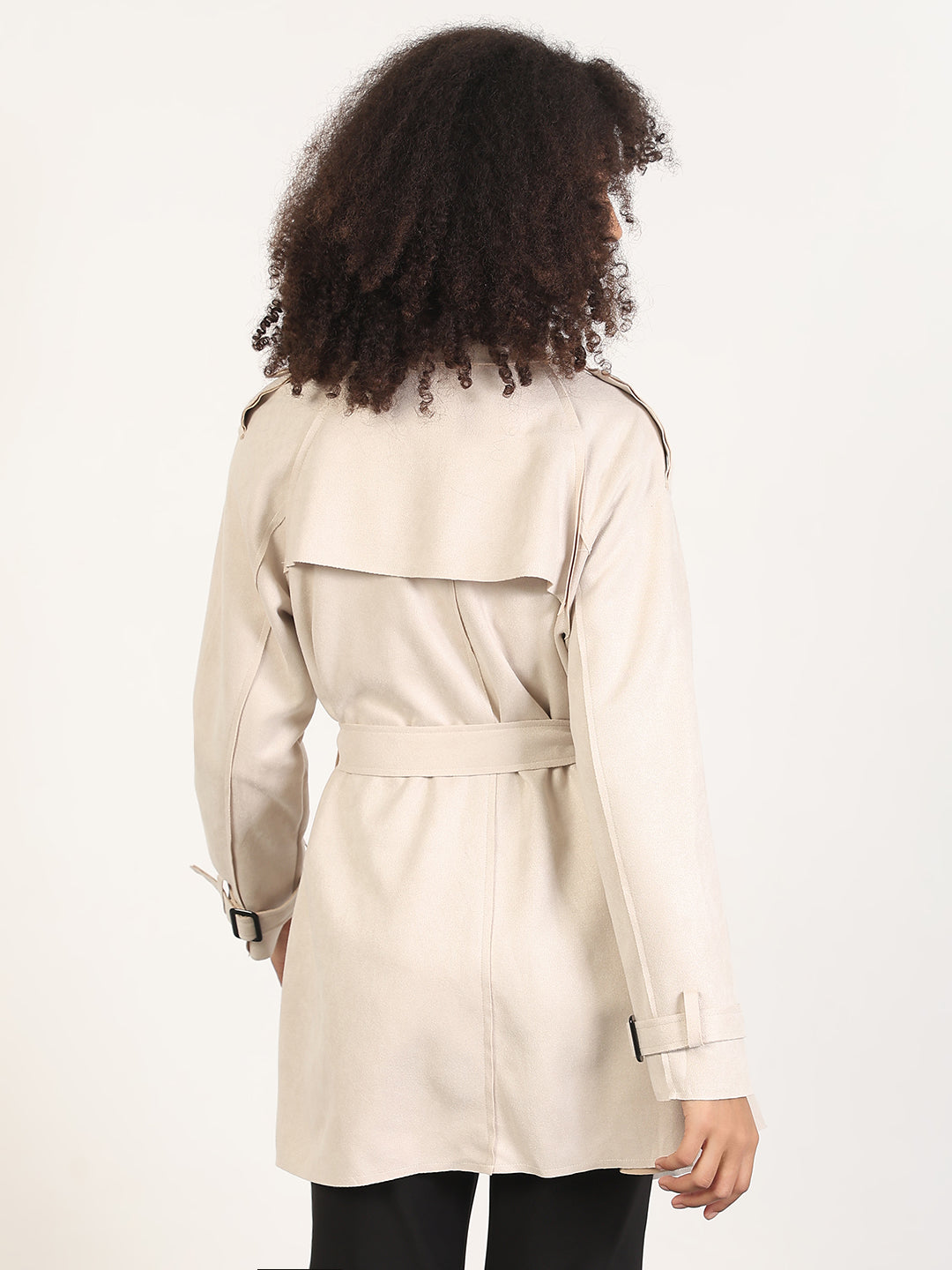 Solid Cream Lapel Collar Longline Trench Coat with Fabric Belt