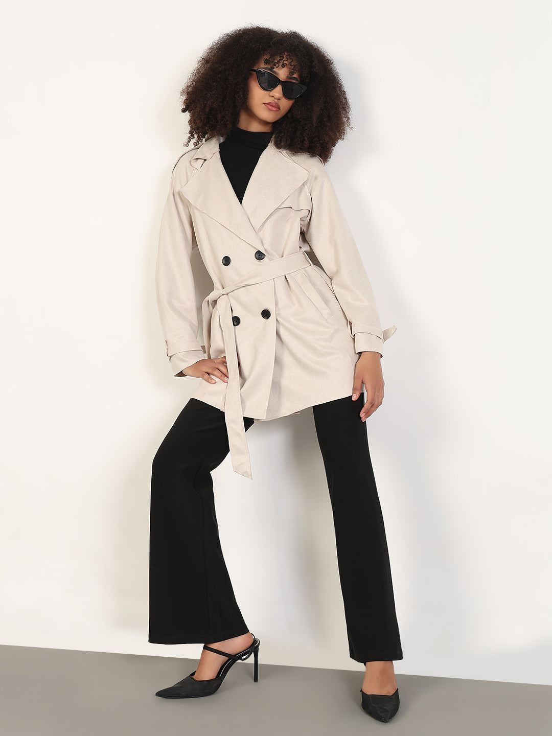 Solid Cream Lapel Collar Longline Trench Coat with Fabric Belt